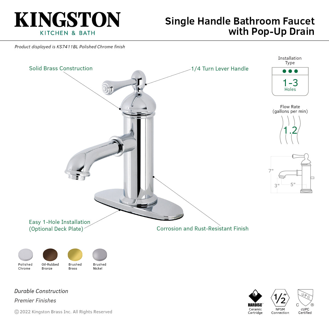 Kingston Tulare KS7417BL - Paris One-Handle 1-Hole Bathroom Faucet with Deck Plate and Brass Pop-Up Drain, Brushed Brass — thumbnail 2